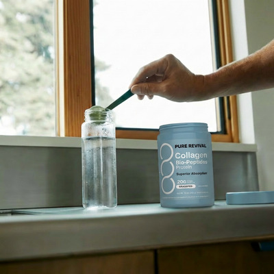 Person pouring liquid into a bottle with a Pure Revival collagen supplement container on a windowsill.
