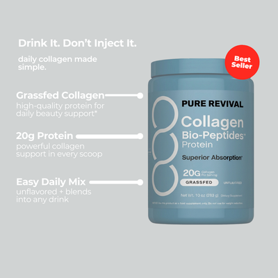 Blue container of Pure Revival Collagen Bio-Peptides Protein with text on a gray background