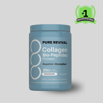 Blue container of Pure Revival Collagen Bio-Peptides Protein on a light gray background