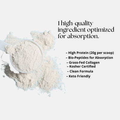 Protein powder with text highlighting its qualities on a white background