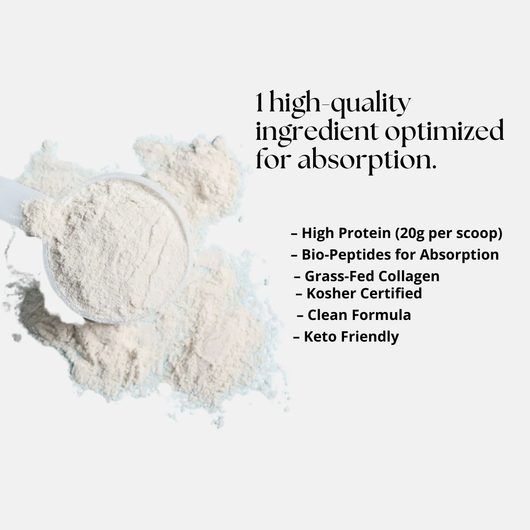 Protein powder with text highlighting its qualities on a white background